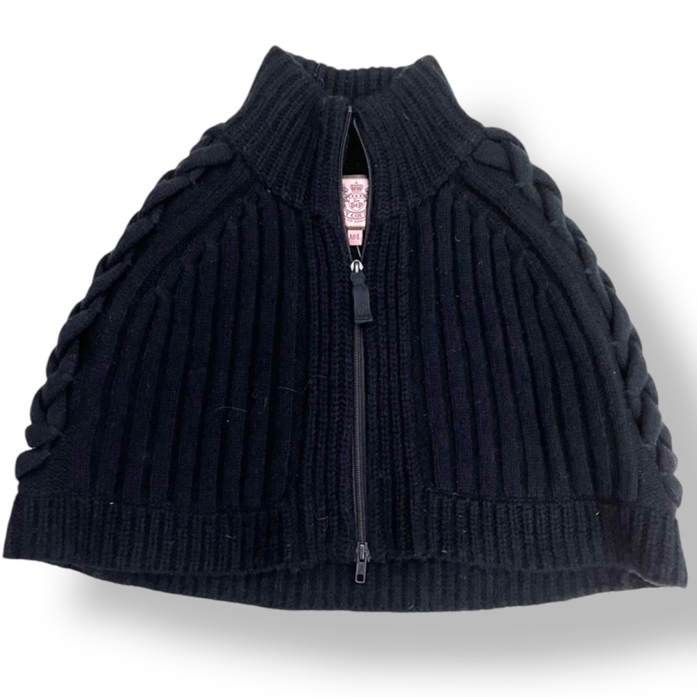 NWOT JUICY COUTURE Black Vintage Wool Ribbed Braided Zip Up Capelet Poncho